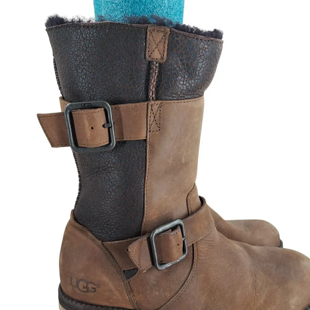 Ugg Oregon Brown Leather Waterproof Boots Size 7.5 Shearling Fur Moto Buckle